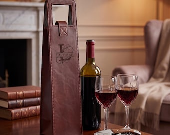 Personalized Leather Wine Tote Bag w Lagiuole Corkscrew gift Set - Custom Engraved Wine Carrier Wedding Housewarming Wine Lover Gift