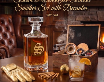 Personalized Whiskey Decanter & Cocktail Smoker Kit Set, Engraved Glass, Groomsmen Gift, Bourbon Gift for Him, Fathers Day Gift Box