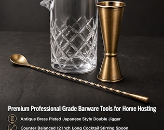 Bartender Kit - Antique Brass Japanese Jigger, Bar Spoon, Cocktail Mixing Glass Set, Home Bar Mixologist Gift