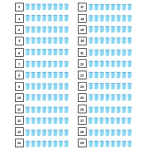 Könnte beinhalten: Ein weißer, bedruckbarer 30-Tage-Wasser-Challenge-Tracker. Der Titel ist blau, mit 30 Kästchen, die jeweils eine Reihe blauer Wassergläser enthalten. Der Tracker enthält Platz für Notizen und Bewertungen.