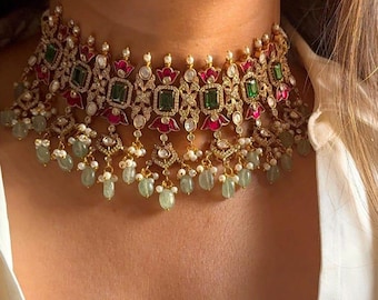Ruby Mint polki kundan Necklace /Sabyasachi Inspired Moissanite Polki  Bridal Necklace With Earrings
