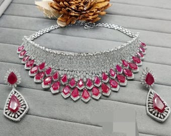 Silver plated  American Diamond ruby necklace choker set with earrings/emerald green ad necklace set/ruby green necklace