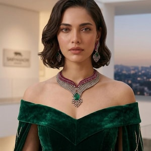 Puede incluir: Una mujer con un vestido verde de terciopelo con hombros descubiertos y un conjunto de joyas a juego. El collar presenta un gran colgante de esmeralda y detalles de rubíes. Los pendientes también tienen esmeraldas. La mujer tiene el pelo corto y oscuro.