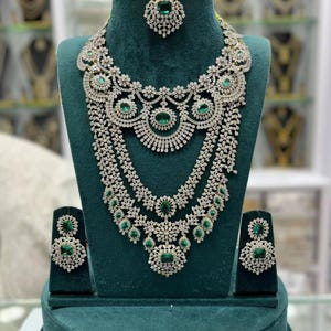 gold plated American diamond south Indian wedding necklace set with earrings and Tikka/long and short diamond necklace set with earrings