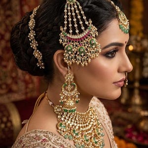 May include: An elaborate gold bridal jewellery set, including a headpiece, earrings, and necklace. The headpiece features hanging chains and green and red details. The earrings and necklace have detailed designs with green and white gemstones.