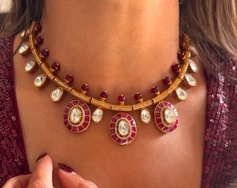 Ruby pink polki hasli set / Sabyasachi hasli necklace set with studs