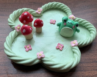 PREORDER Cute Frog Mushroom Floral Flower Clay Desk Trinket Dish Jewelry Holder