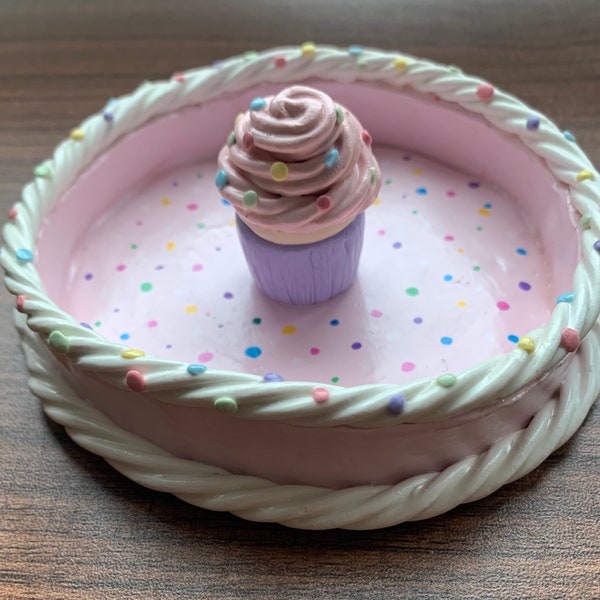 Cute Sprinkles Cupcake Sweets Clay Trinket Dish, Jewelry Holder, Ring Dish