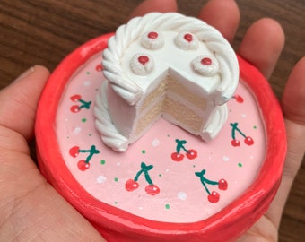 PREORDER Cute Clay Cherry Cake Trinket Dish, Ring Dish, Jewelry Holder, Miniature Fake Cake