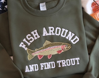 Mens Fishing Embroidered Sweatshirt, Funny Trout Graphic Tee