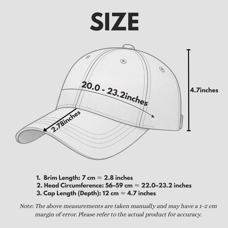 May include: A white baseball cap with size details. The brim length is 2.8 inches, the head circumference is 22.0-23.2 inches, and the cap length is 4.7 inches. The word "SIZE" is at the top.