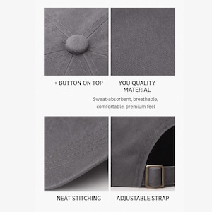 May include: Close-up images of a gray baseball cap. Features include a button on top, quality material, neat stitching, and an adjustable strap. The text reads: "YOU QUALITY MATERIAL. Sweat-absorbent, breathable, comfortable, premium feel."