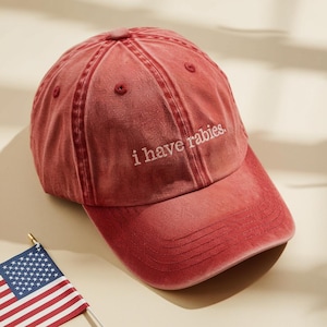 May include: A red baseball cap with the embroidered text "i have rabies." The cap has a curved brim and a distressed look. An American flag is in the lower left corner.