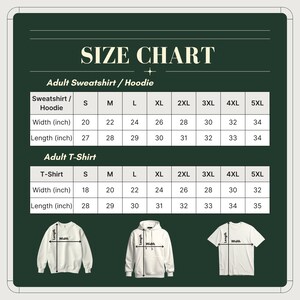 Pu&ograve; includere: Tabella delle taglie per felpe, felpe con cappuccio e t-shirt da adulto. La tabella mostra le misure in pollici, convertite in cm, per larghezza e lunghezza nelle taglie dalla S alla 5XL. Illustrazioni.