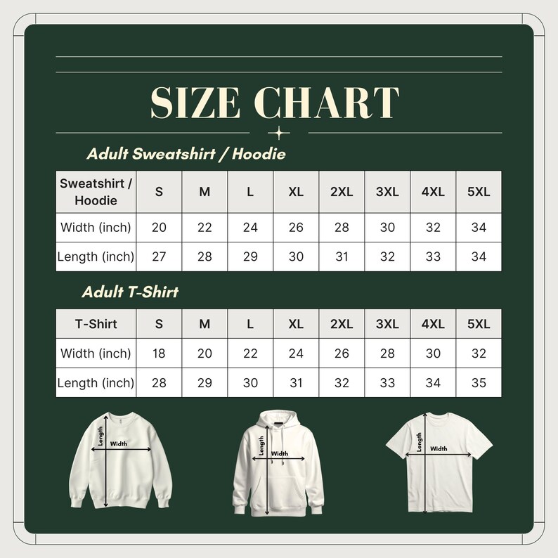 Pu&ograve; includere: Tabella delle taglie per felpe, felpe con cappuccio e t-shirt da adulto. La tabella mostra le misure in pollici, convertite in cm, per larghezza e lunghezza nelle taglie dalla S alla 5XL. Illustrazioni.