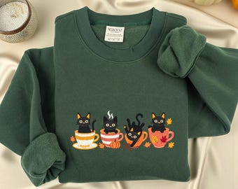 Embroidered Halloween Black Cat Sweatshirt: Pumpkin Fall Sweater
