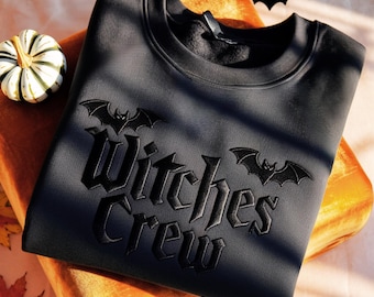 Embroidered Witchy Halloween Crewneck Sweatshirt: Bat Style