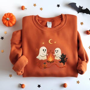Embroidered Ghost Camping Sweatshirt: Spooky Fall Outdoors
