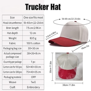 Peut inclure: Casquette de camionneur avec une couronne blanche et une visi&egrave;re rouge. La circonf&eacute;rence de la t&ecirc;te du chapeau est de 56-60 cm, et la longueur du bord est de 7,5 cm. Le chapeau est en 100% coton et pr&eacute;sente une broderie. Emball&eacute; dans un sac de 30x30 cm.