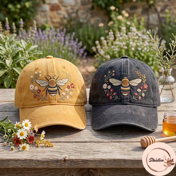 Embroidered Bee Floral Hat Nature Inspired Wildflower Cottagecore Cap Gift