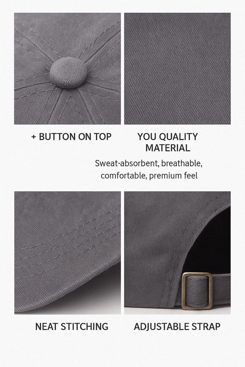 May include: Close-up images of a gray baseball cap. Features include a button on top, neat stitching, and an adjustable strap. The material is described as sweat-absorbent, breathable, and comfortable. Text on the image reads "YOU QUALITY MATERIAL".
