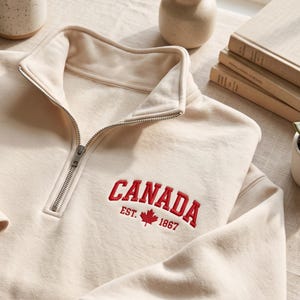 Embroidered Canada Est. 1867 Quarter Zip Sweatshirt, Embroidered Maple Leaf Pullover