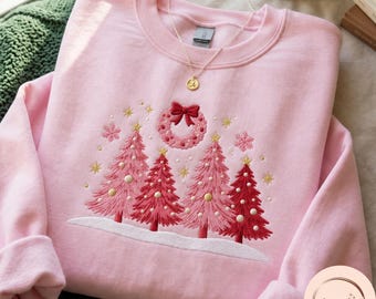 Embroidered Christmas Tree Sweatshirt, Holiday Women's Shirt