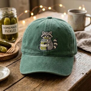 Embroidered Raccoon Eating Pickles Hat, Cap Gift for Him Her, Funny Raccoon Caps