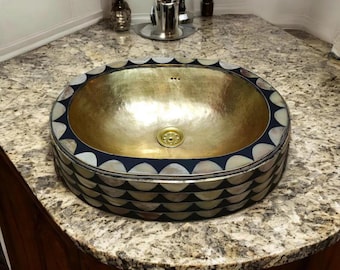 Handmade Brass Bone Inlay Oval Vessel Sink, Black Resin Bathroom Sink