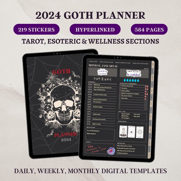 Goth planner 2024 Witchy Planner Tarot journal Good Notes planner Shadow Work Journal ADHD Digital Planner Academic Planner Goth stationary