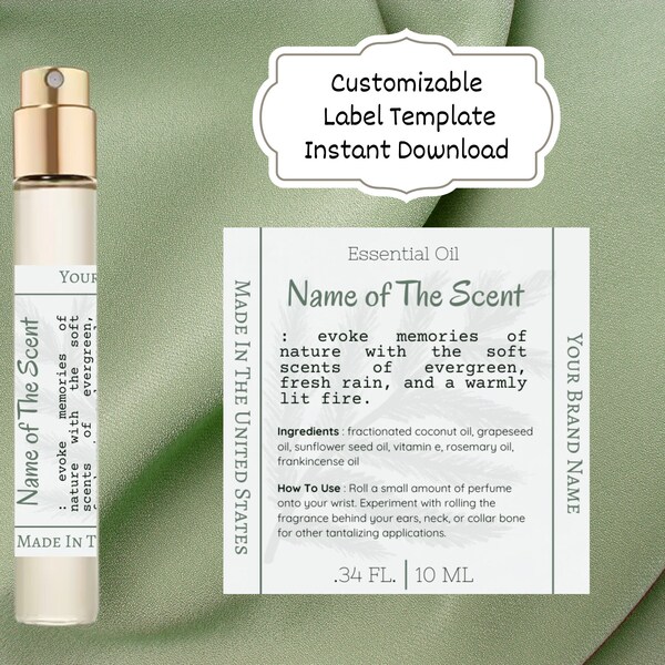 10 ML Roller Bottle Label Template, 10 ML Spray Bottle Label, Customizable Green 2x2 Square Perfume Bottle Label, Essential Oil Label Canva