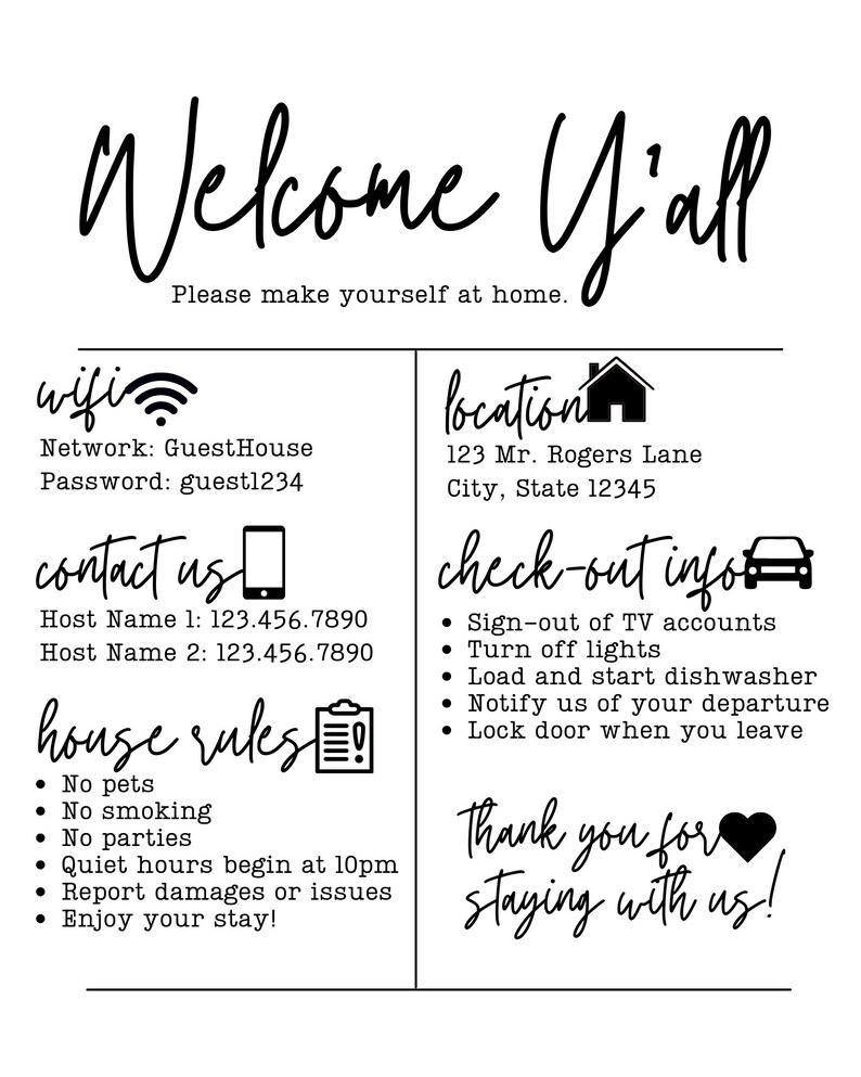 Guest Welcome and Info Sign - Digital Template - Etsy