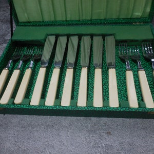 Decorative Box Set of Six Fish Knives And Forks With Impressed Pattern and Faux Bone Handles. Chrome Plate, Lined Box. image 2
