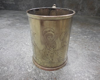Antique Victorian Worn Silver Plate Childs Christening Mug With Kate Greenaway Style Engraved Scene.