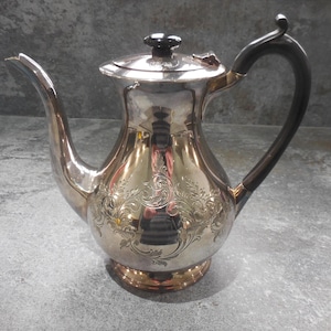 Pode incluir: Uma cafeteira prateada com uma alça e um botão da tampa pretos. A cafeteira tem um design floral ornamentado gravado no corpo. O bico é curvo e a cafeteira assenta sobre uma base redonda.