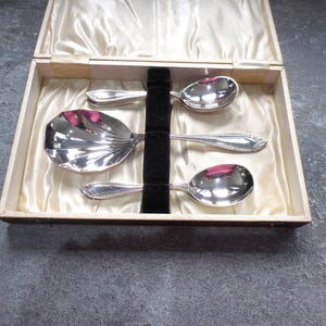 Vintage ask med silverpläterade dessertskedar med serveringssked