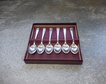 Decorative Set Of Spoons, Vintage Coffee Tea Spoons, Boxed Set OF Six, Silver Plate, Geometric Art Deco Design, Flatware, Place Settings