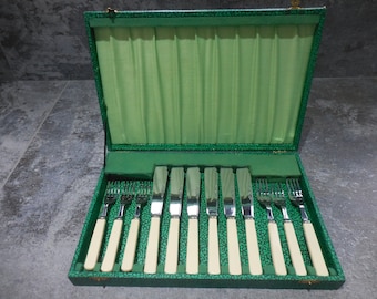 Decorative Box Set of Six Fish Knives And Forks With Impressed Pattern and Faux Bone Handles. Chrome Plate, Lined Box.