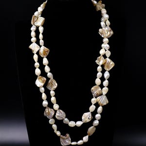 Natural Freshwater Pearls, Vintage Seashells Long Necklace Mother of Pearl, large lustrous irregular pearls