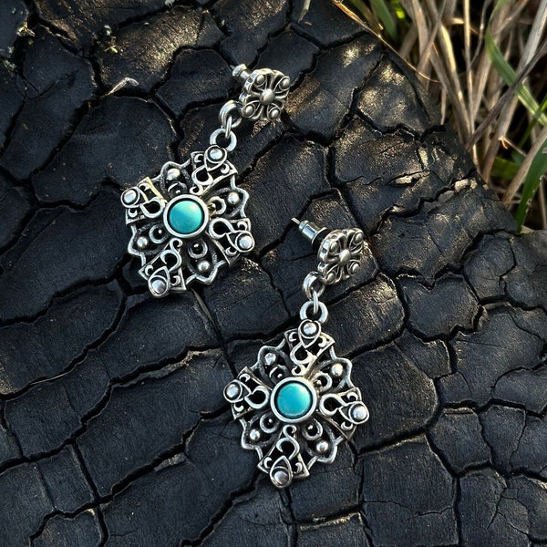 Vintage earrings with Turquoise in the style of Scythian jewelry ancient tribes of Ukraine jewelry