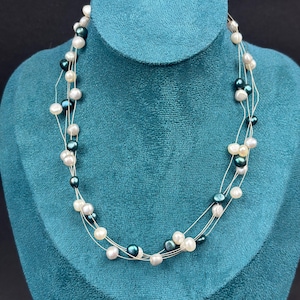 Vintage Necklace with Black and White Pearls, Delicate Floating Pearl Necklace on Silver Thread