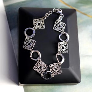 Vintage Sterling Silver Openwork Link Bracelet Women 925 Silver Geometric Shaped Link Bracelet