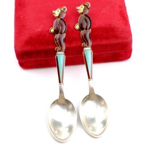 Vintage Sterling Silver 916 Enamel Bear Spoons Set of 2, USSR Children's Tea Spoons, Soviet Enamel Silverware, Rare Soviet Collectible
