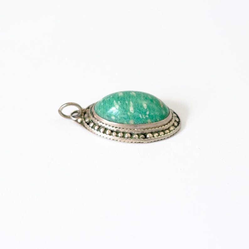Vintage Soviet oval amazonite pendant, Vintage pendant with natural green stone image 4