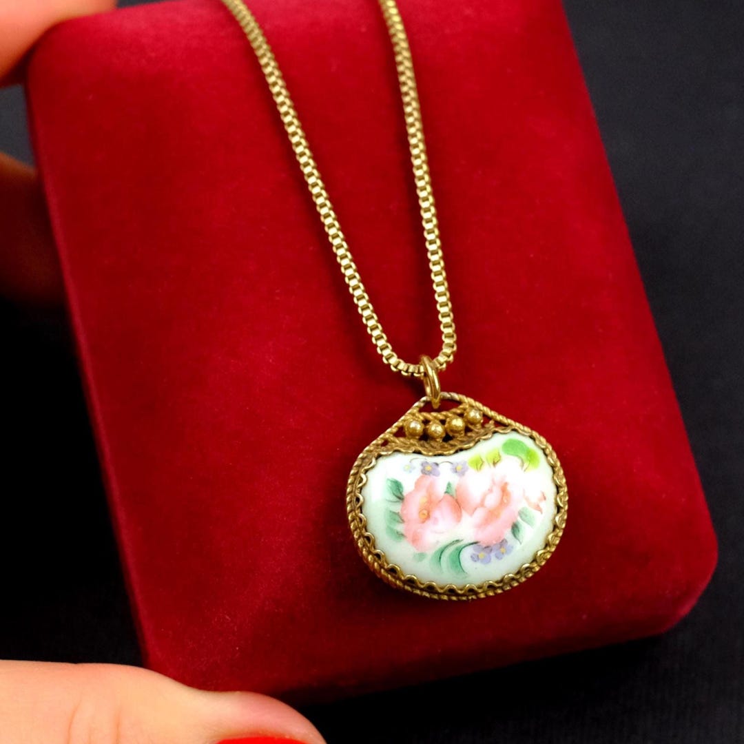 Vintage Porcelain Floral Pendant Necklace, Hand Painted Pink Roses ...