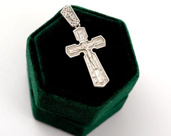 Sterling Silver Small Crucifix Pendant 925, Vintage Ukrainian Orthodox Cross - Christian Religious Jewelry