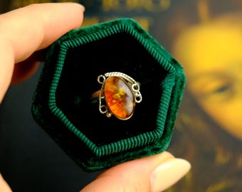 Vintage Amber Filigree Ring: German Silver, Size 4 US