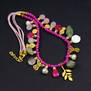 Pink Jade Charm Necklace, Gold Angel Bird Leaf, Rose Quartz Ruby Pearl Prehnite, Multistone Boho Necklace, Vintage Romantic Jewelry