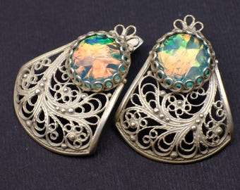 Ohrringe aus schillerndem Opalglas, Vintage-Sterlingsilber 925 aus der Ukraine, großer, filigraner Fächeranhänger, Aurora Boho Statement-Schmuck für Damen