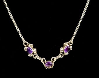 Vintage Sterling Silver Amethyst Necklace, Vintage Sterling Link Bracelet Amethyst Cabochon, Amethyst jewelry set